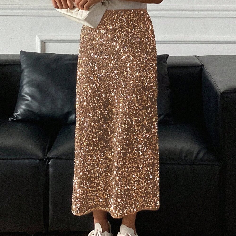 Khaki Party Women's Sequin Slit Skirt